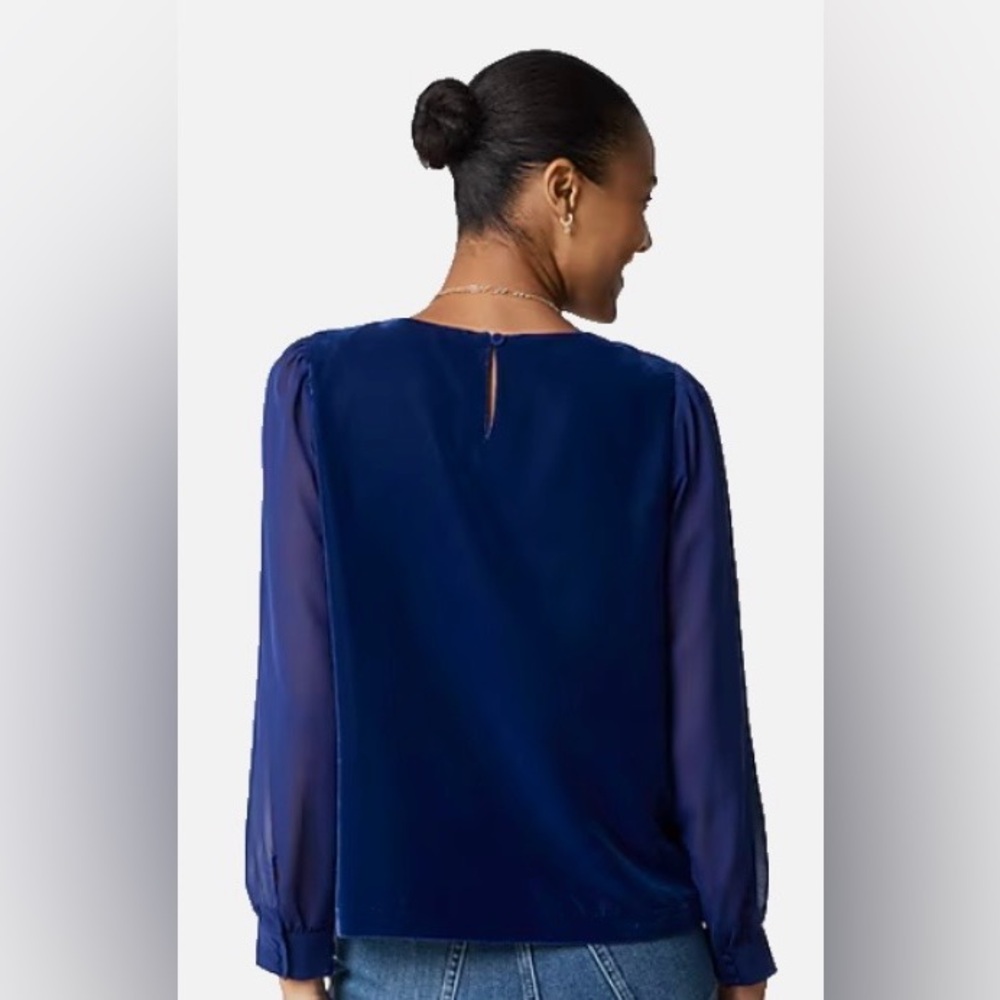 NWT! J. Crew Royal Blue Velvet Women's Blouse with Sheer Sleeves - Picture 2 of 8